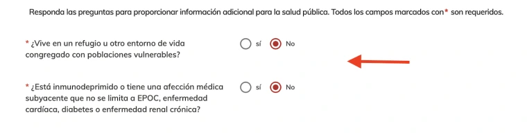 Screen Shot of vaccination appointment booking page - supplemental questions