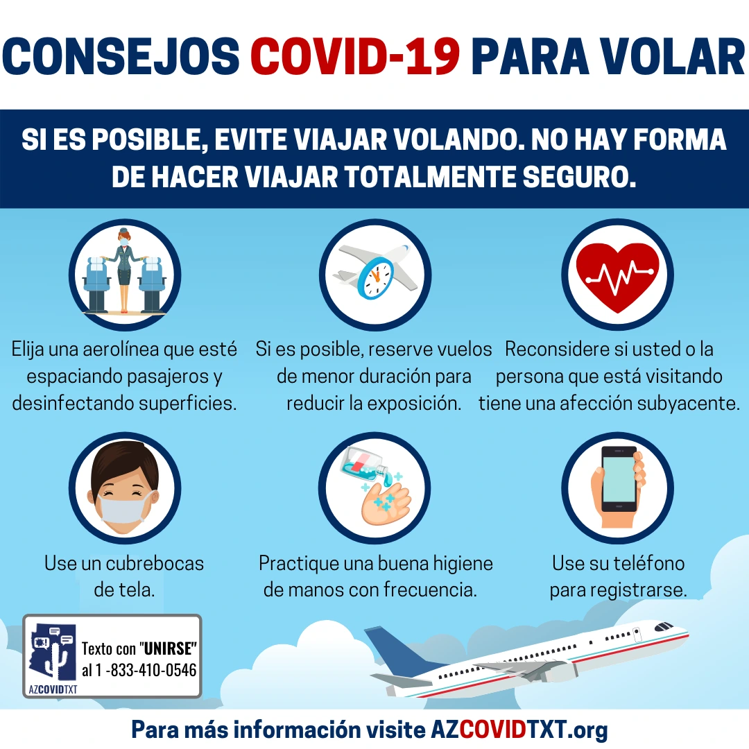 Spanish Graphic of COVID19 Tips for Flying: Text to Join