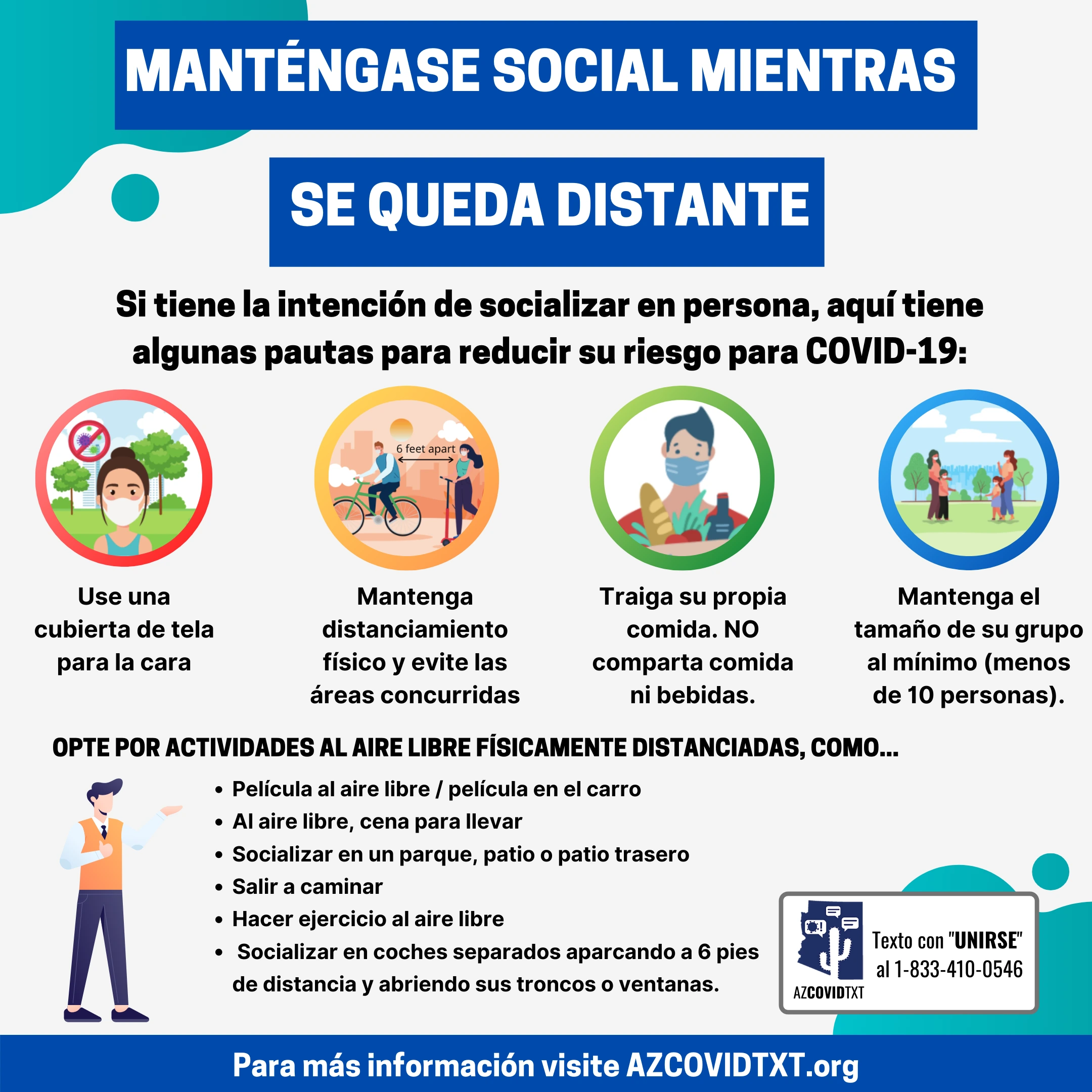 Spanish Graphic of Staying Social While Staying Distant: Reduce Risk