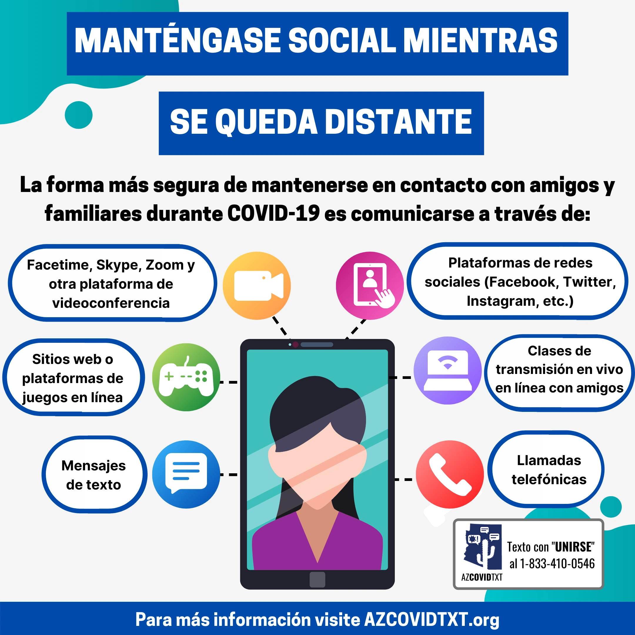 Spanish Graphic of Staying Social While Staying Distant: Communicate